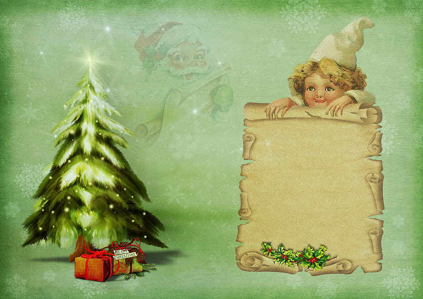 : christmas motive, santa claus, christmas tree, gifts, child, written scroll, wish list, cute, xmas card, shine, shabby, chic, scrapbook, winter, old, vintage, greeting card, green, fir, christmas ornament, cute christmas art HD wallpaper