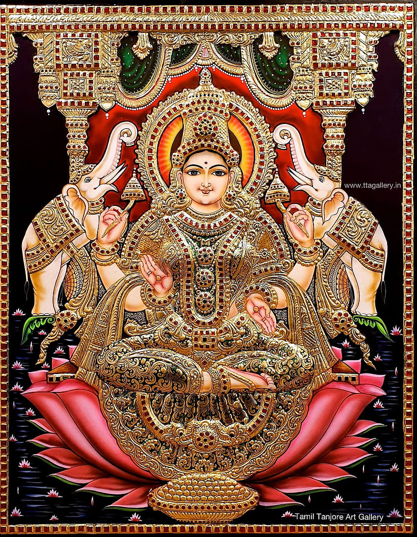 Peinture de Tanjore, peinture de Tanjavore, Gajalakshmi, devi Lakshmi, mahalaxmi Fond d'écran de téléphone HD