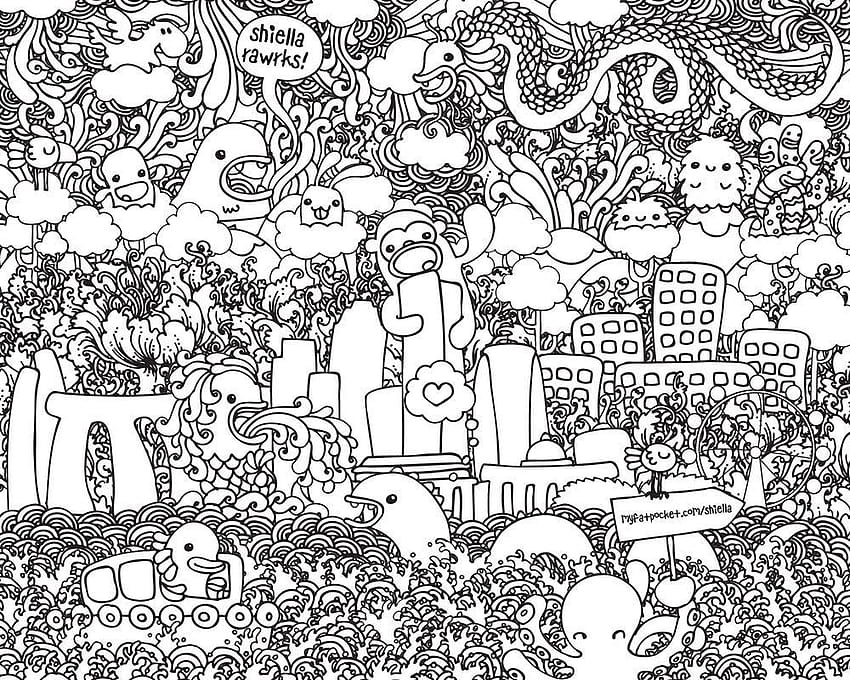 Doodle Art Coloring Page With Dual Screen HD wallpaper
