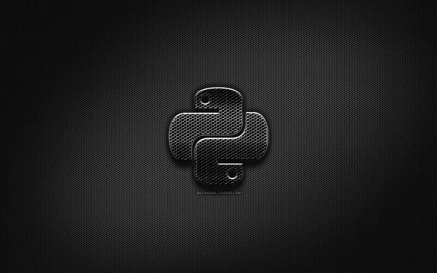 Python 黒ロゴ、プログラミング言語、グリッド メタル背景、Python、アートワーク、クリエイティブ、プログラミング言語記号、解像度 2880x1800 の Python ロゴ。 高品質、 高画質の壁紙