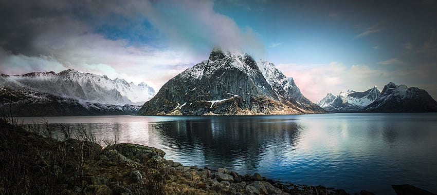 自然, 風景, フィヨルド, 山, 雪のピーク, 雲, ノルウェー, 春, 北極, 青い水, 海, 湖 高画質の壁紙