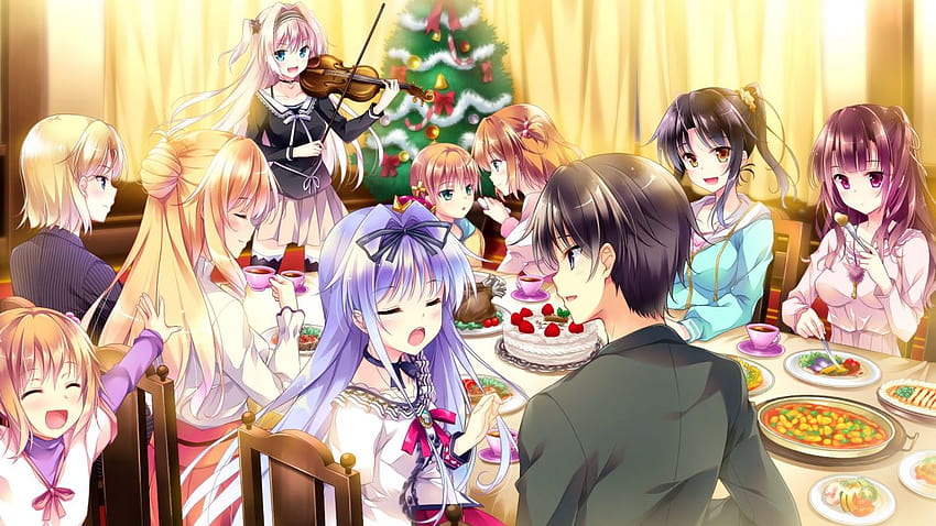 Anime mädchen kuchen kind halsband weihnachten essen grüne augen graue augen gruppe haarband glücklich herz hoodie lange haare orange augen rosa haare lila haare, anime weihnachtsessen HD-Hintergrundbild