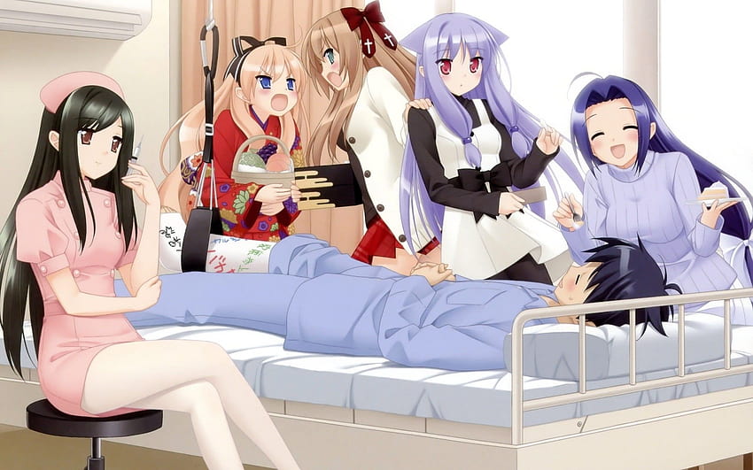 Five women in clothing in front of man lying on bed anime, nurse women HD wallpaper