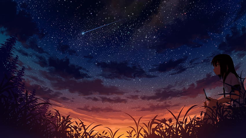black hair clouds grass original phone sakais3211 scenic sky stars, sunset black anime HD wallpaper