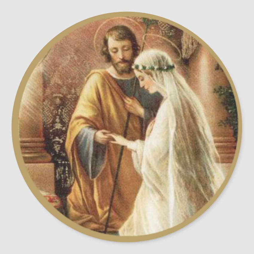 Verlobungs-Hochzeits-Braut-Bräutigam-klassischer runder Aufkleber St. Joseph Mary, Mutter Mary und San Jose HD-Handy-Hintergrundbild