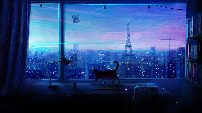 Cat City Night Scenery Anime, cenário estético de anime noturno papel de parede HD