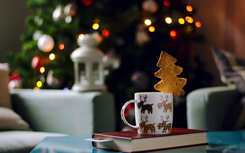 크리스마스 트리 화환 조명 도시 거리 밤 겨울, 커피 겨울과 책 HD 월페이퍼