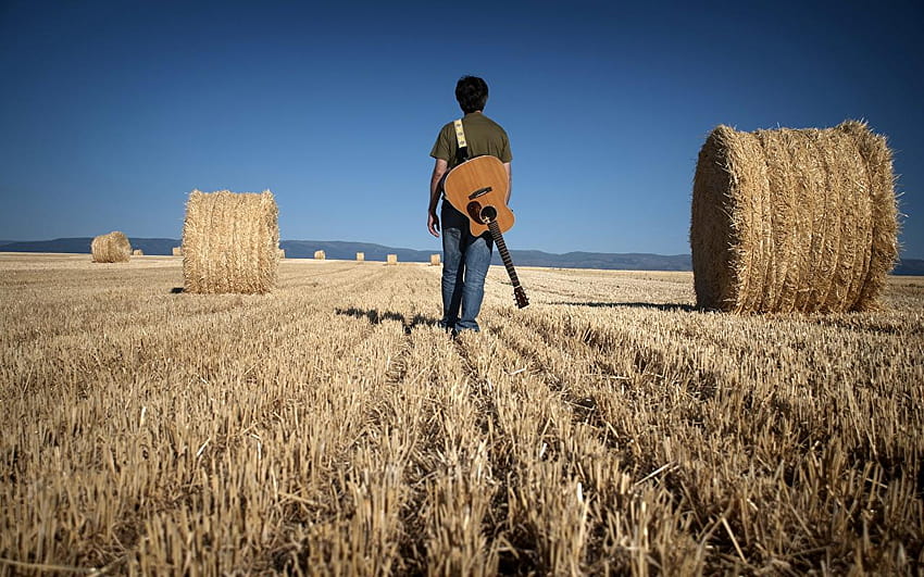 Man Guitar Nature Fields Hay Straw HD wallpaper