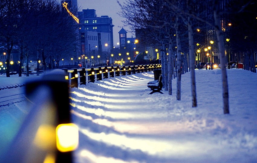 zimowy, śnieg, noc, miasto, miasto, światła, ulica, światła, ławki, noc, zimowy, śnieg, ulica, ławki, sekcja город, zimowe oświetlenie uliczne Tapeta HD