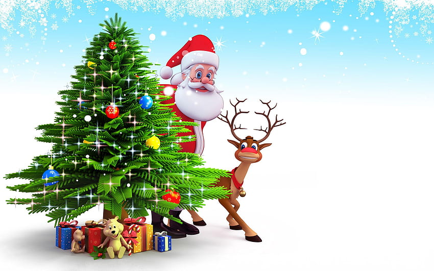 Santa Claus And Reindeer behind christmas tree and gifts, santa gifts under tree HD wallpaper