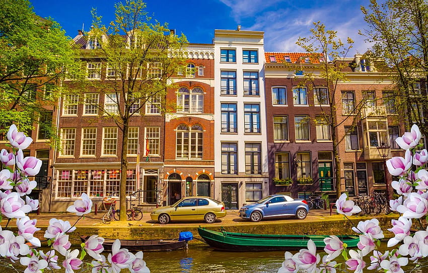rzeka, wiosna, łodzie, Amsterdam, kwitnienie, stary budynek mieszkalny Tapeta HD