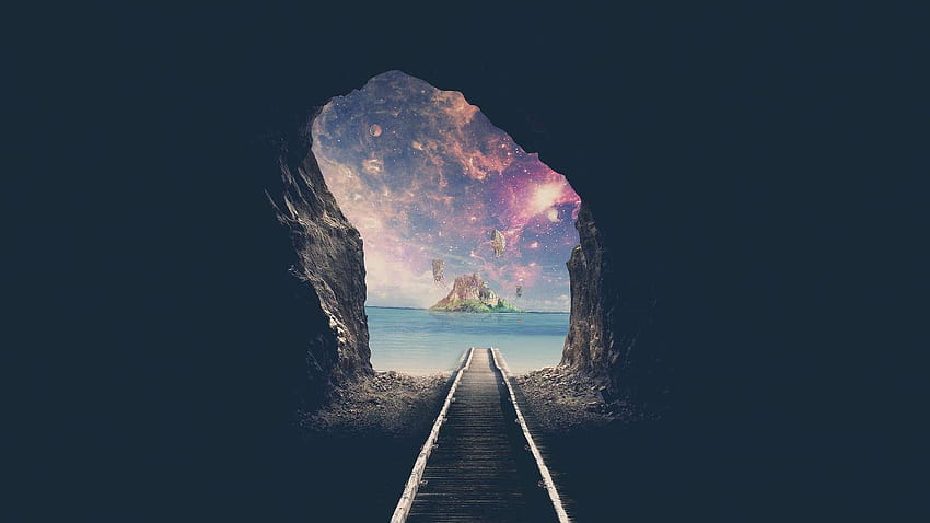 Island, Tunnel, Railway track, Mystic, Dream, surreal fantasy island HD wallpaper