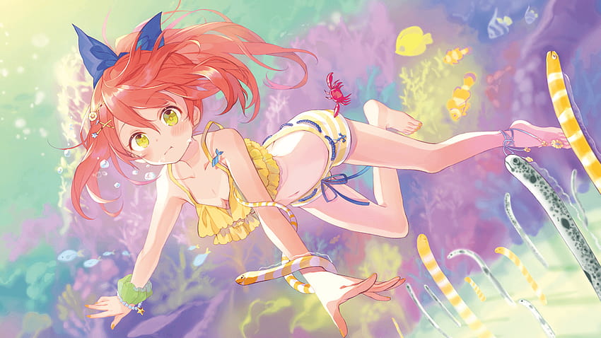1366x768 Anime Girl, Underwater, Swimming, Fishes, anime girl swimming HD wallpaper