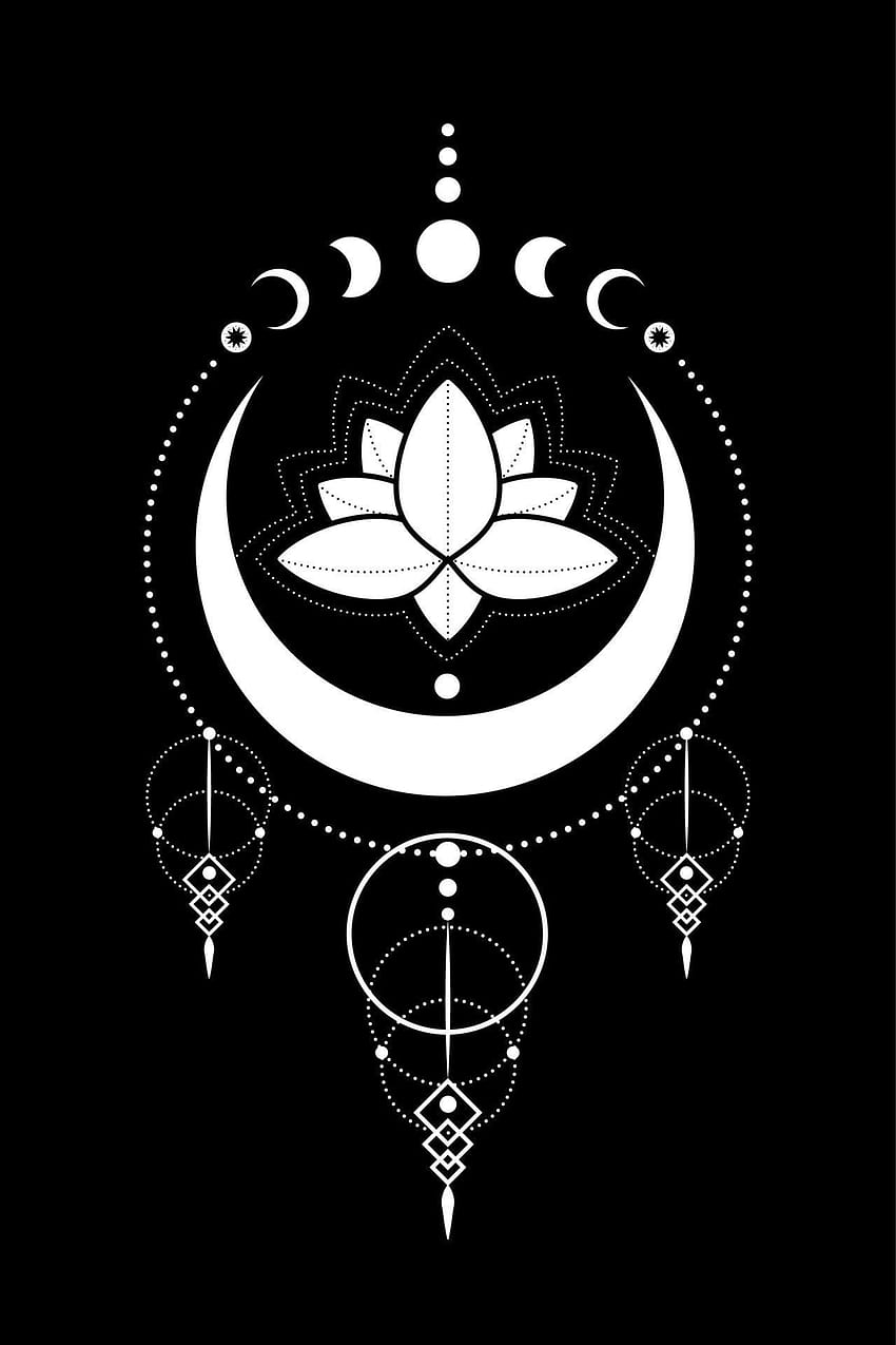 Mystical Moon Phases, Lotus Flower, Sacred geometry. Triple moon, half moon pagan Wiccan goddess symbol, silhouette wicca banner sign, energy circle, boho style vector isolated on black backgrounds 4655900 Vector Art at HD phone wallpaper