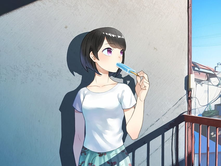 cute, anime girl, terrace, summer, art, , background, 5150fb, anime summer vibes HD wallpaper
