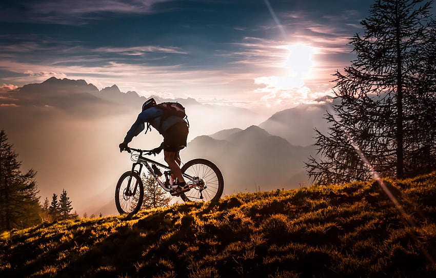sport, las, rower, zmierzch, niebo, rower, drzewa, zachód słońca, góry, chmury, słońce, mgła, człowiek, łąka, zamglenie, sportowiec , sekcja спорт, cykl górski Tapeta HD
