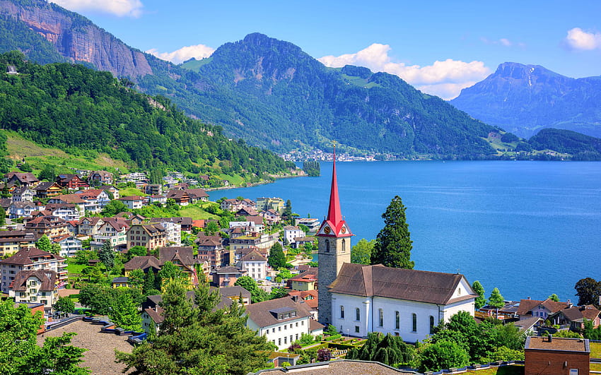 ทะเลสาบลูเซิร์นในสวิตเซอร์แลนด์ เมืองสวิสเล็กๆ พร้อมโบสถ์โกธิคบนทะเลสาบลูเซิร์นและเทือกเขาแอลป์ ภูมิทัศน์สุดล้ำสำหรับแล็ปท็อป แท็บเล็ต โทรศัพท์มือถือและทีวี : 13, ทะเลสาบสวิสแอลป์ วอลล์เปเปอร์ HD