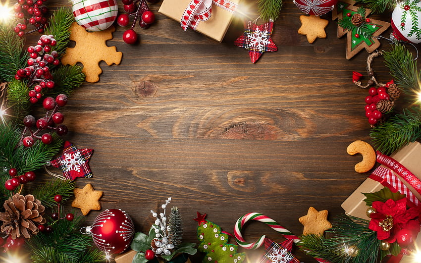 Ramka świąteczna, brązowe drewniane tło, Szczęśliwego Nowego Roku, Boże Narodzenie, słodycze, ciasteczka, Wesołych Świąt z rozdzielczością 2880x1800. Wysoka jakość Tapeta HD