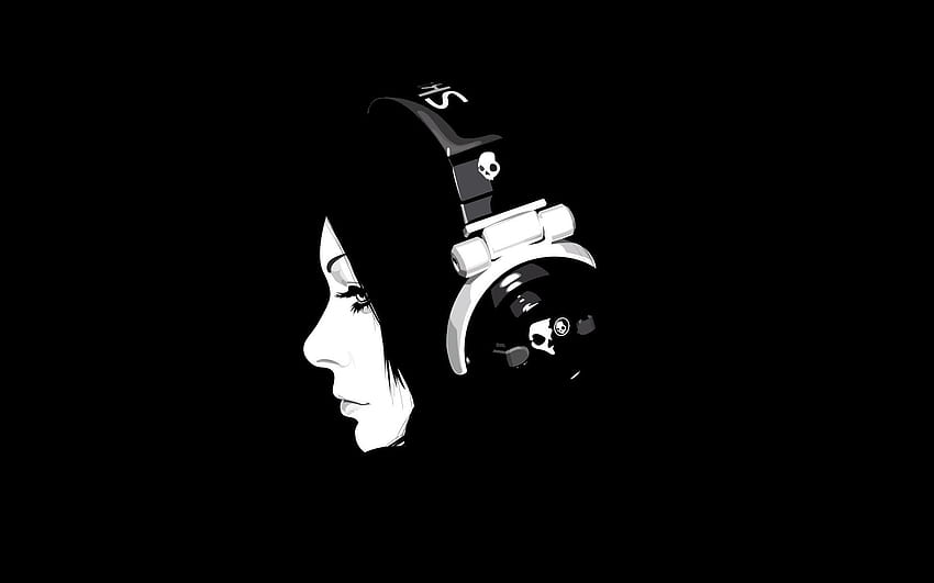 : twarz, ilustracja, kobiety, ciemny, minimalizm, logo, muzyka, słuchawki, Marka, dłoń, ciemność, komputer, czarno-biały, monochromatyczna grafika, czcionka 1920x1200, logo kobiety Tapeta HD
