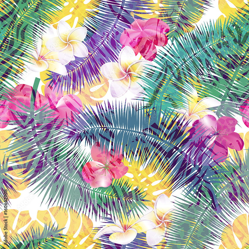 Piękne bezszwowe wektor kwiatowy lato wzór tła z tropikalnych liści palmowych i kwiatów. Idealny do tła stron internetowych, tekstur powierzchni, tekstyliów. Wektor stockowy Tapeta na telefon HD