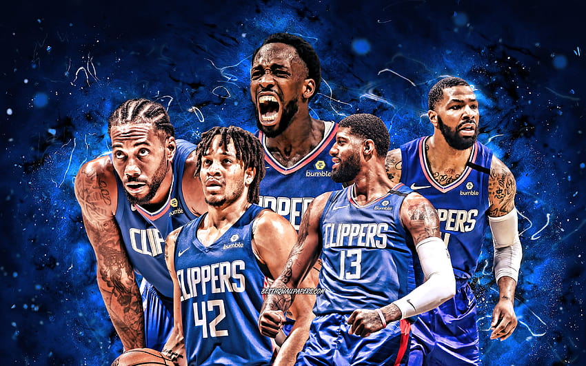 Paul George, Patrick Beverley, Marcus Morris, Kawhi Leonard, Amir Coffey, Los Angeles Clippers, basketball, NBA, Los Angeles Clippers team, blue neon lights, basketball stars, LA Clippers with HD wallpaper