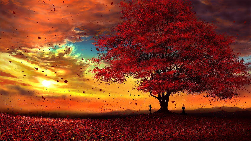 Anime Original Tree Fall Leaf Sun Peace Cloud in, red tree leaves anime HD wallpaper