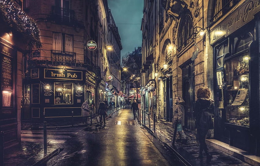 ปารีส กลางคืน ฝรั่งเศส ถนน ผู้คน โคมไฟ ทางเท้า วอลล์เปเปอร์ HD