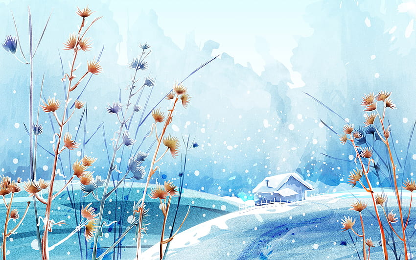 겨울,수채화 물감,푸른 하늘,식물,야생화,겨울 하늘 만화 HD 월페이퍼
