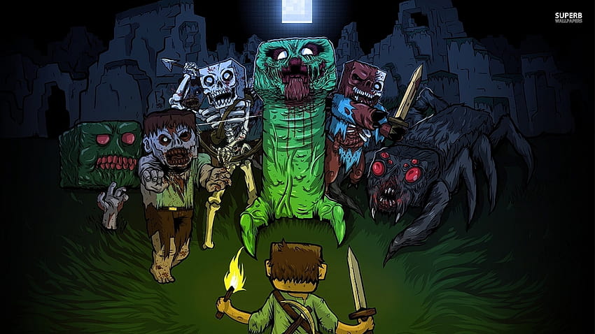 : ilustrasi, Video game, malam, Minecraft, orang yg menjalar, Steve, zombie, labah-labah, kegelapan, screenshot, komputer , karakter fiksi, buku komik 1920x1080 Wallpaper HD