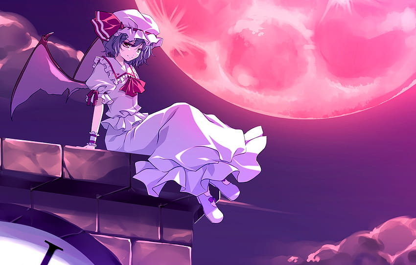 night, blood, the full moon, Touhou, vampire, black wings, Remilia Scarlet, blood Moon, hell of a grin , section игры HD wallpaper