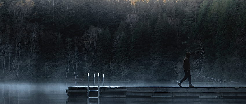 2560x1080 loneliness, pier, fog, river, dawn dual, wooden pier fog HD wallpaper
