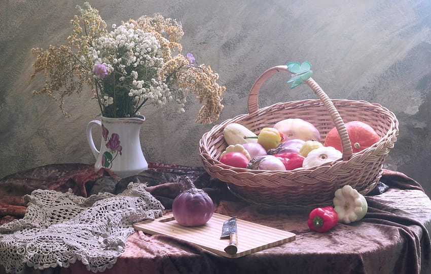 flores, ramo, calabaza, naturaleza muerta, cesta, verduras, calabazas y cesta fondo de pantalla