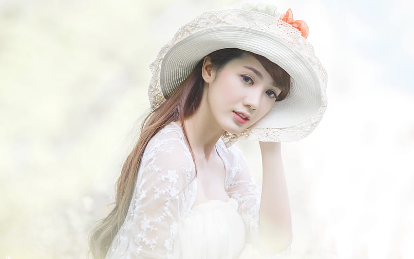 Weißes Kleid asiatisches Mädchen, Hut 2560x1600, Mädchen mit Hut HD-Hintergrundbild