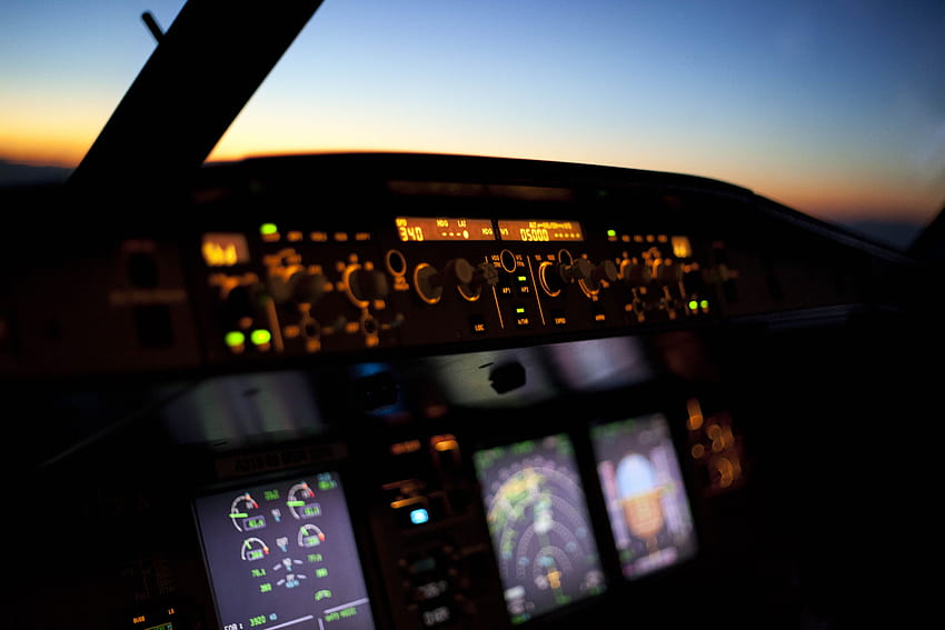 Airbus A320 cockpit at sunset, airbus a380 cockpit HD wallpaper