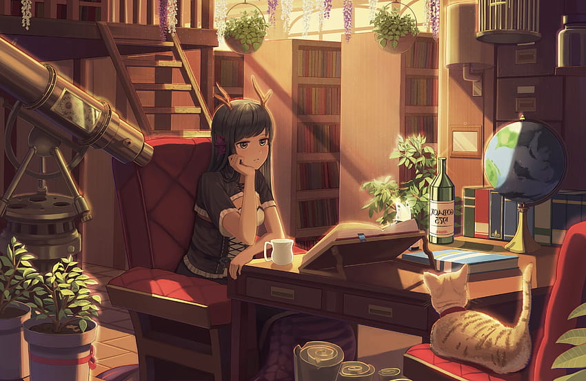 Books, Horns, Studying, Neko, Room, Library, Anime Girl, anime girl studying HD wallpaper