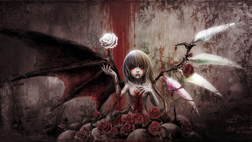 Touhou тъмен вампир кръв демон фентъзи крила, кърваво аниме HD тапет