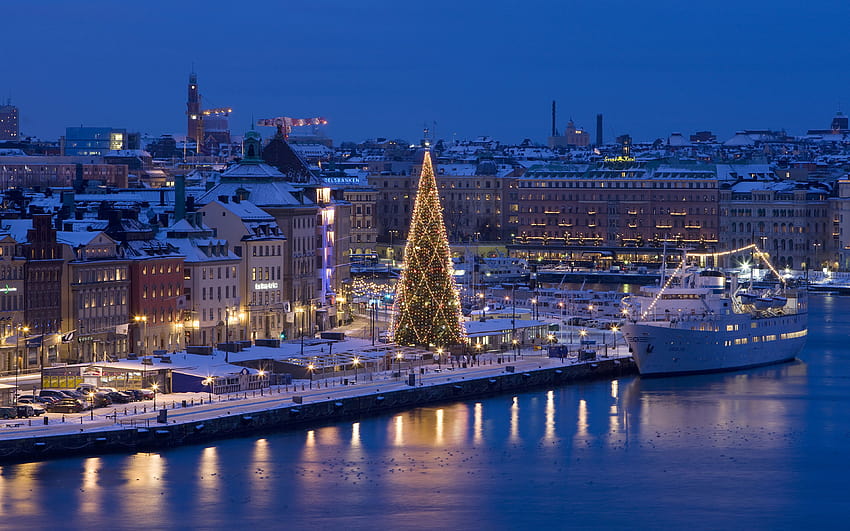 ストックホルム スウェーデン クリスマス 冬 クリスマス ツリー 3840x2400、ストックホルム 冬 高画質の壁紙