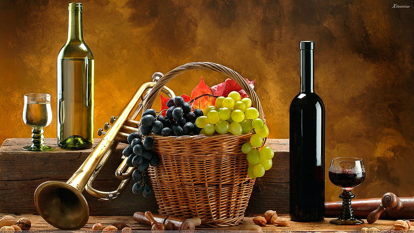 Wine Bottle N Grapes Basket HD wallpaper