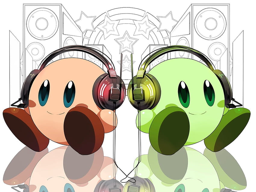 Two green and brown animation illustration, Kirby, video games, cartoon with headphones HD wallpaper