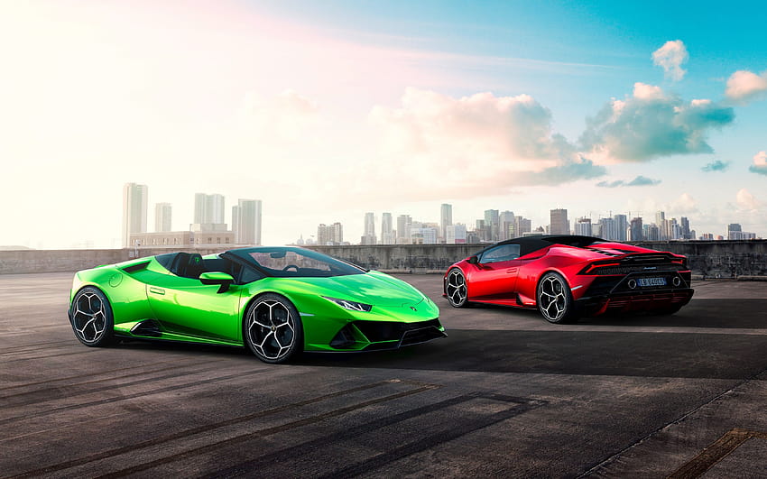Two cars, red and green car, Lamborghini Huracan , 3840x2400, Ultra 16:10, , lamborghini green car HD wallpaper