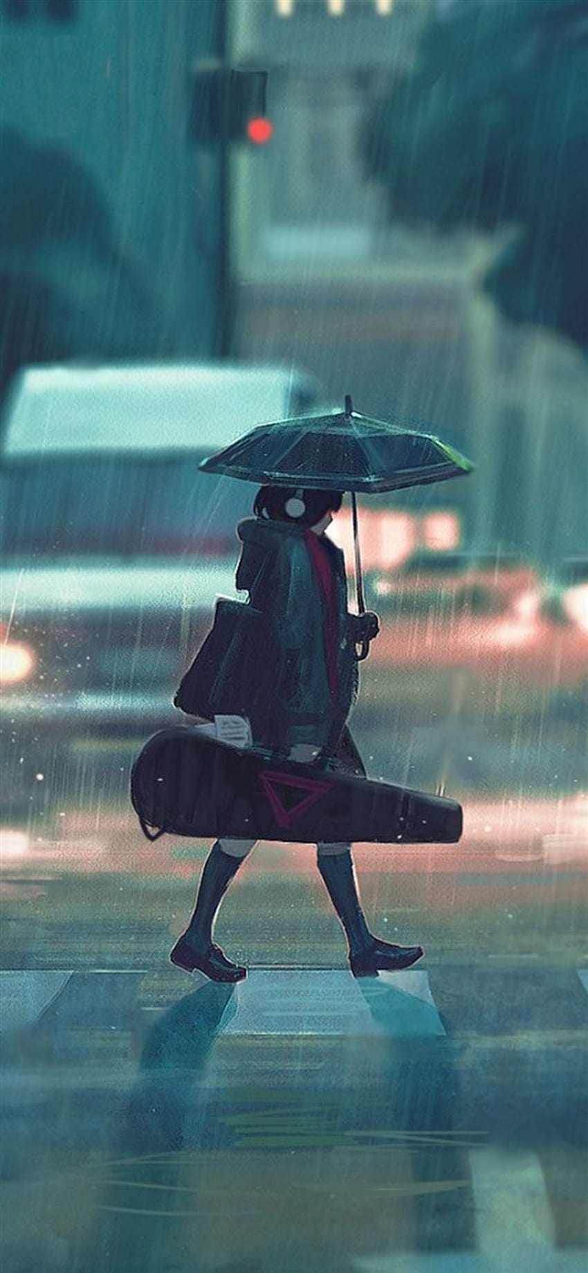 비오는 날 애니메이션 페인트 소녀 iPhone X, 비가 내리는 소녀 HD 전화 배경 화면