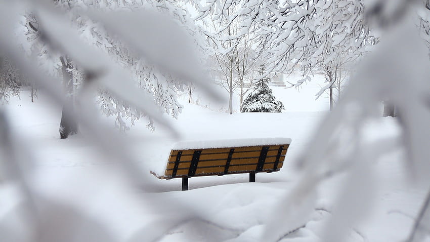 Drewniana ławka zasypana śniegiem Ultra, zaśnieżona ławka Tapeta HD