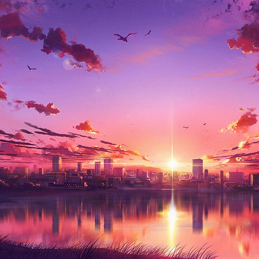 2048x2048 Anime Sunset Scene Ipad Air, tramonto della città anime Sfondo del telefono HD