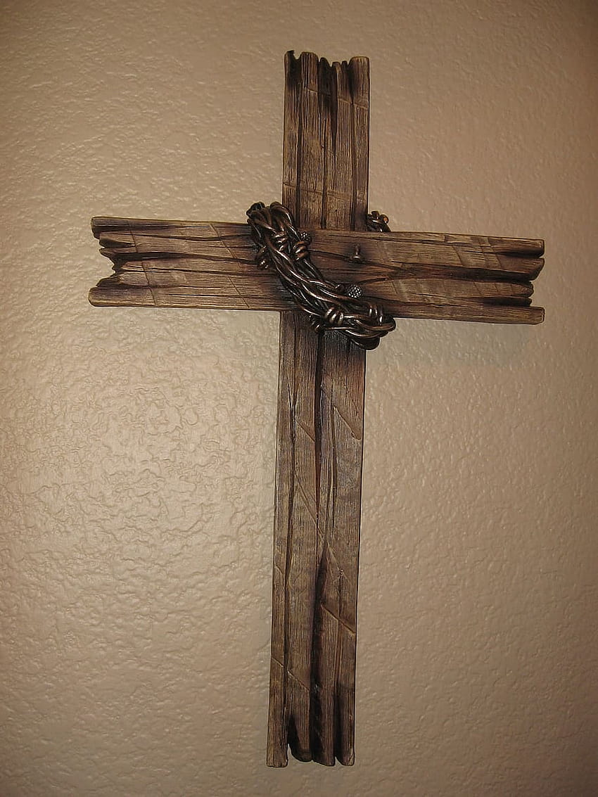 : brown wooden cross wall display, jesus, christianity, 7 god words on cross HD phone wallpaper