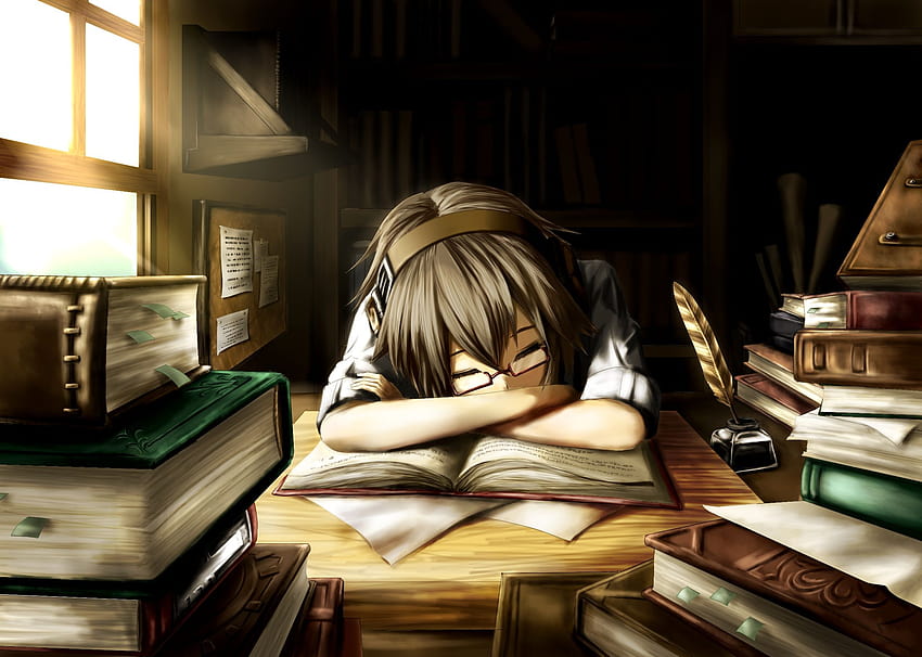 original, Book, Brown, Hair, Glasses, Headphones, Namacotan, sleeping anime HD wallpaper