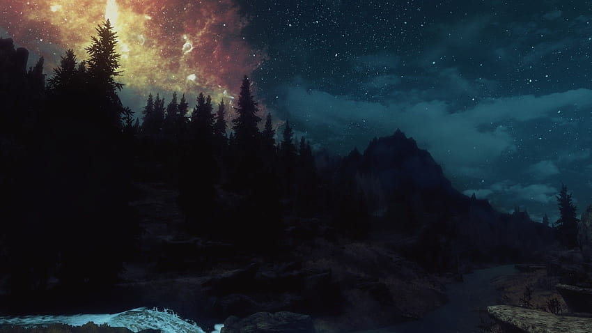 Zrzuty ekranu natury The Elder Scrolls V: Skyrim nocne niebo, przyroda nocą w prawdziwym życiu Tapeta HD
