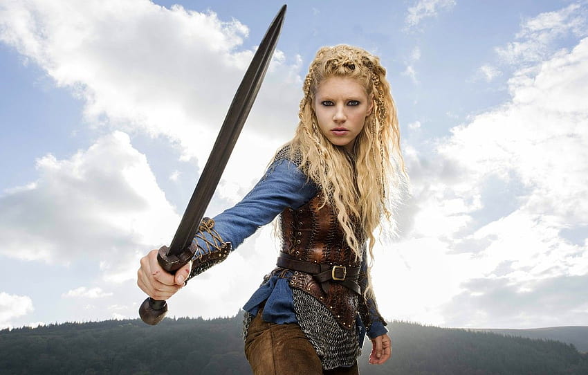 forest, the sky, girl, clouds, landscape, mountains, weapons, sword, hairstyle, blonde, braids, the series, mail, Vikings, The Vikings, Katheryn Winnick , section фильмы, vikings women HD wallpaper