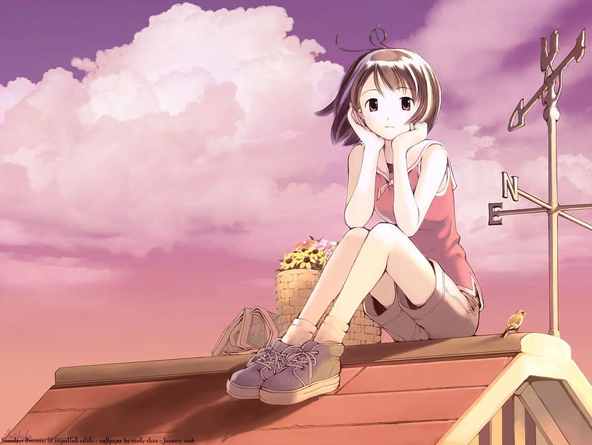 Yalnız anime kızı sevimli gökyüzü bulutları, anime şehri yalnız kızı HD duvar kağıdı