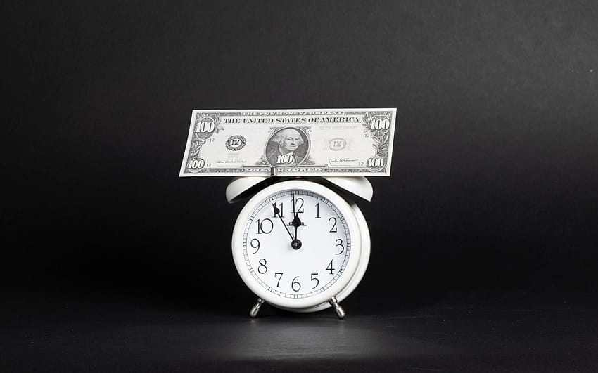 흰색 알람 시계, 시간은 돈, 시계의 달러, 금융 개념, 해상도가 2880x1800인 돈 개념. 고품질 HD 월페이퍼