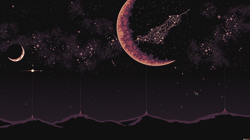 : stars, Moon, pixel art 1920x1080, pixel moon HD wallpaper
